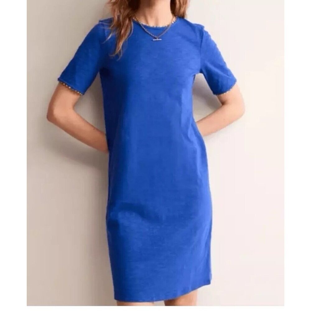NWOT  Boden Ali Pom Sleeve Dress Knee Length Women’s Sz US 12L Blue Short Sleeve